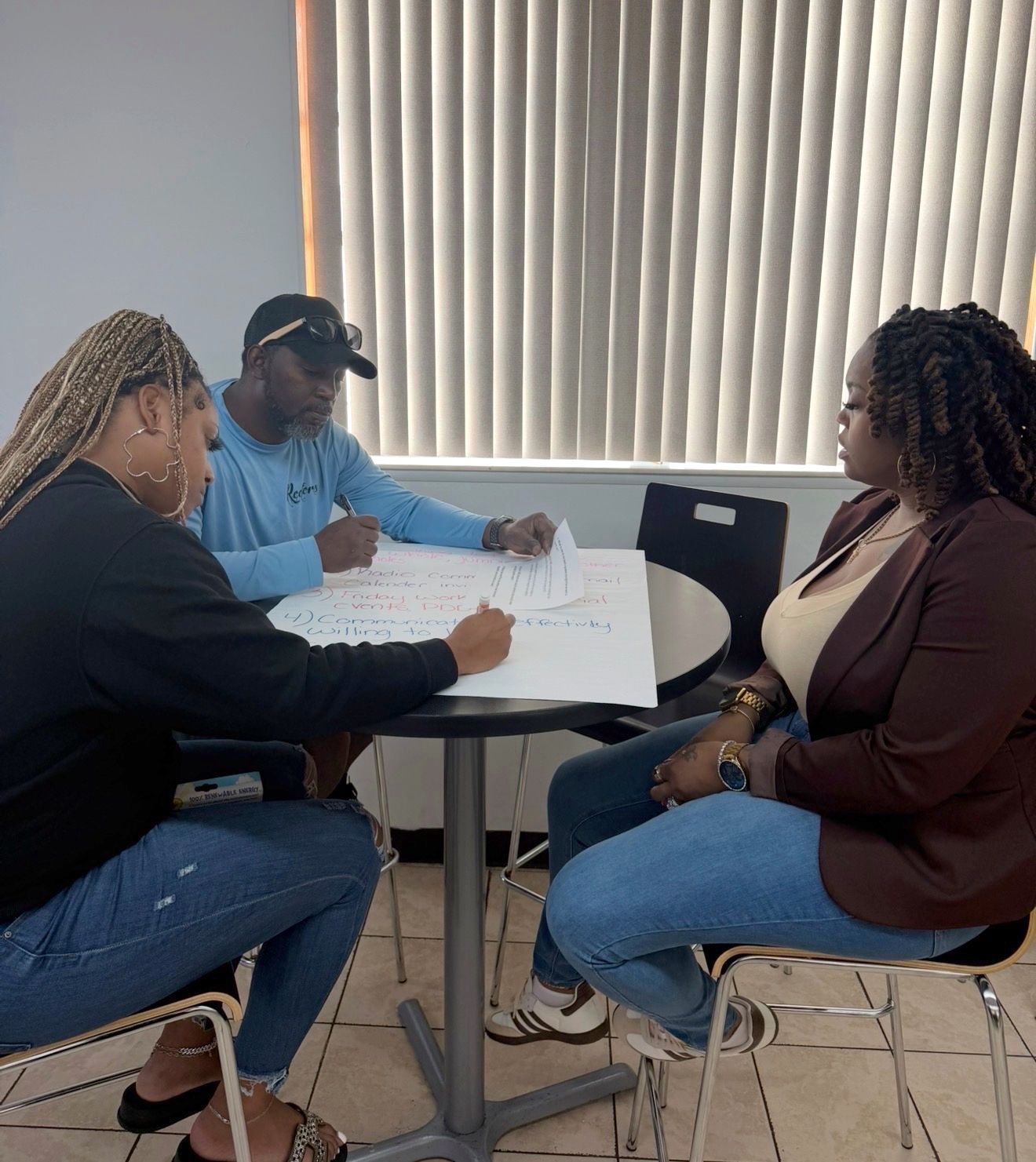 Three staff members at a round table writing communication commitments on chart paper