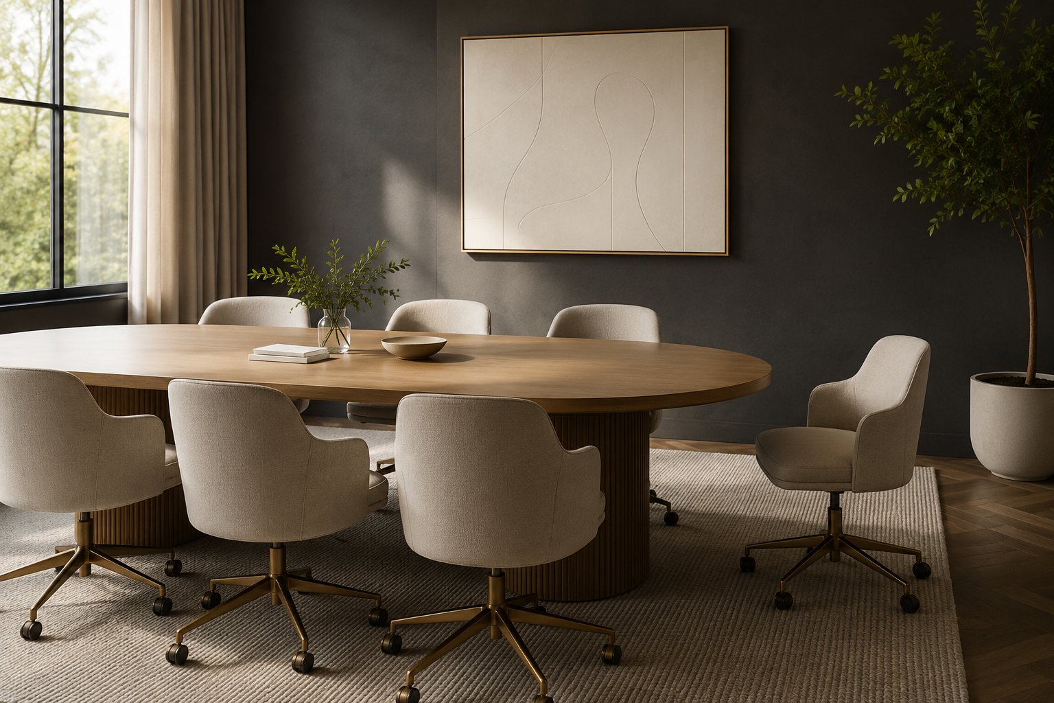 An elegant, empty conference room with chairs pulled up to the table
